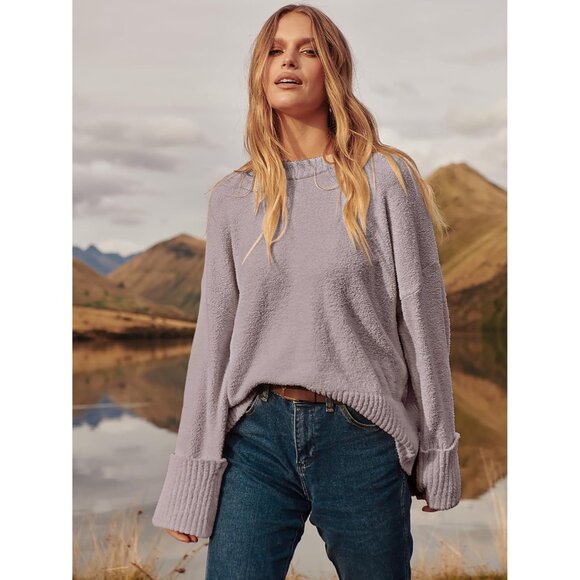 Women's Oversized Sweater Fuzzy Light Purple Long Sleeve Casual Chunky Pullover - Picture 6 of 9